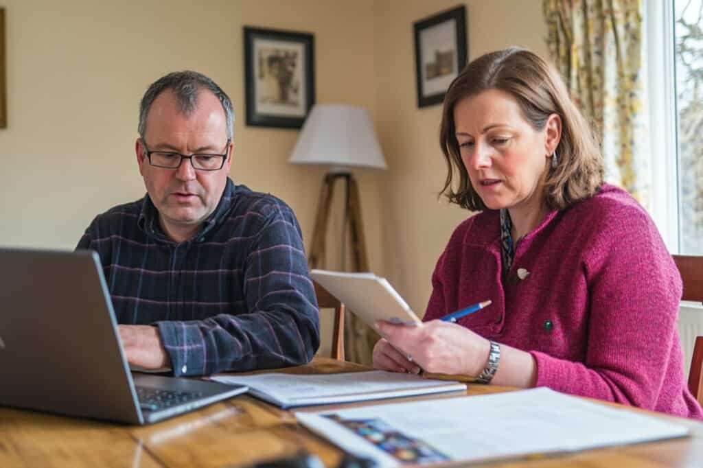 A middle-aged couple searching & budgeting for removals cost in their dining room in the concept of 'Enfield Removals Cost'.